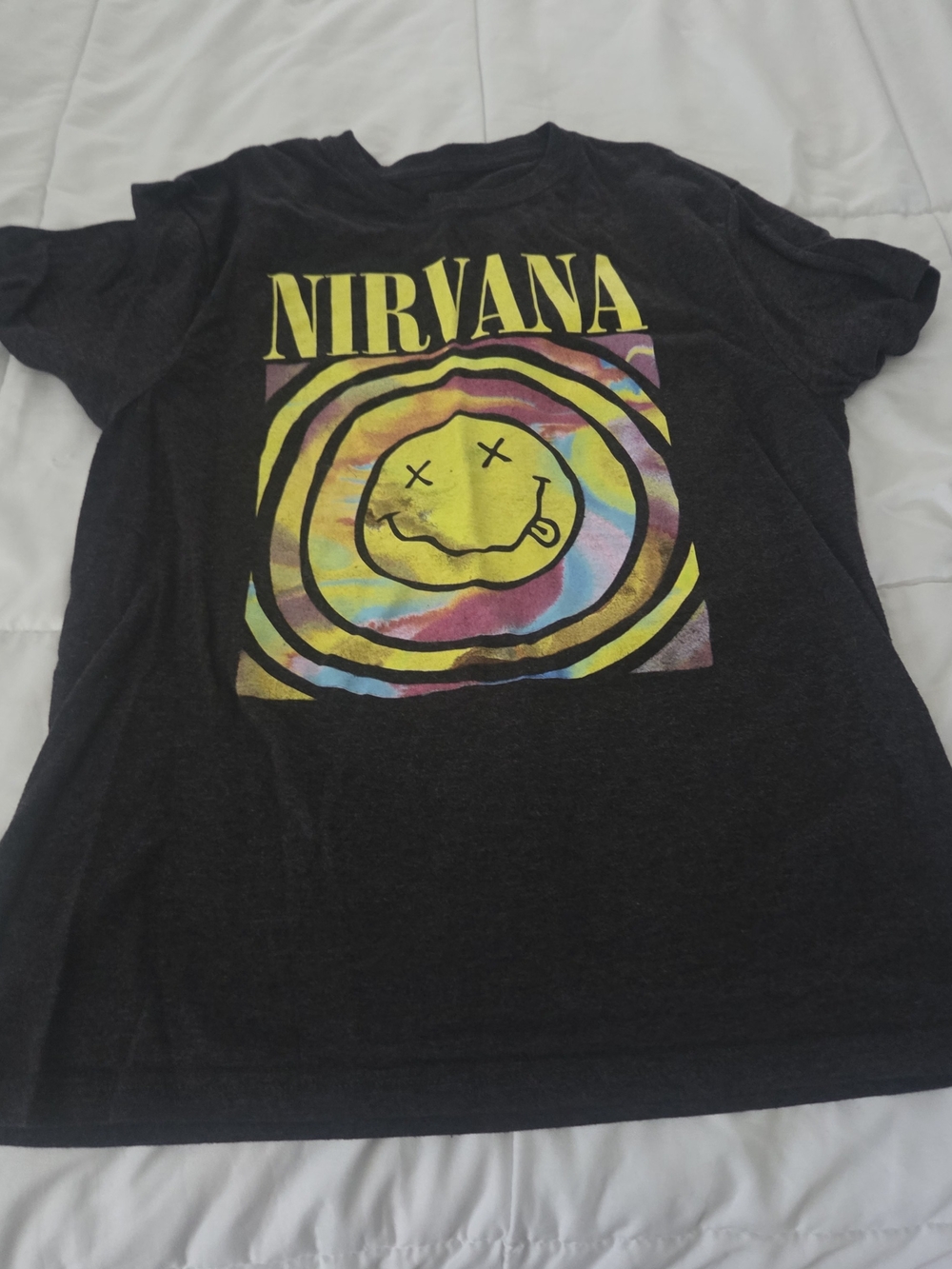 NIRVANA Black Tee with Yellow Logo and Rainbow Smiley
